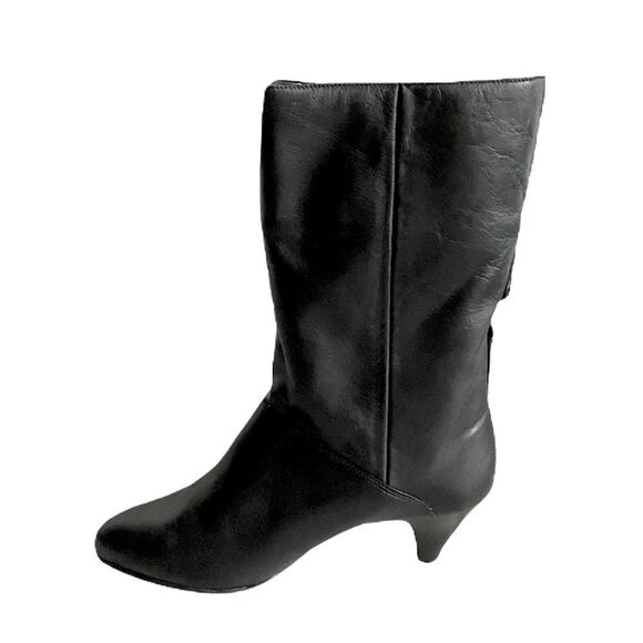 Leather Mid-Calf Sherpa Lined Heeled Boots Buckle Winter Black 10 - Picture 3 of 14